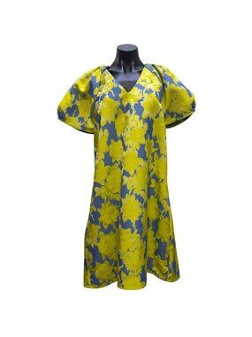 Abbey Glass Floral Dress Blue/Yellow V-Neck Puff Sleeve M